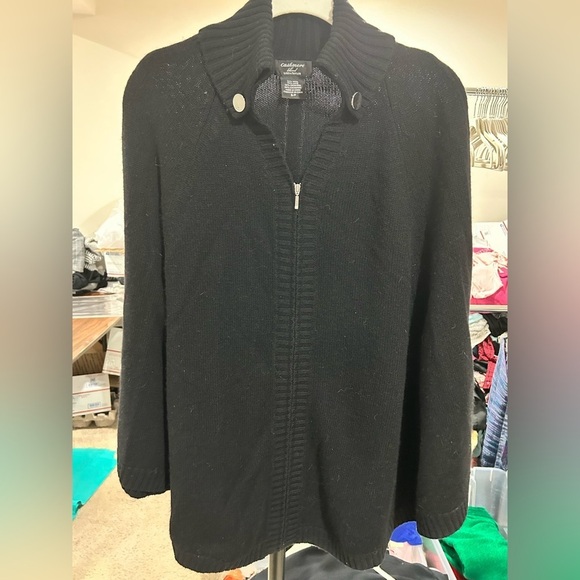 Lord & Taylor Black Cashmere Blend Zip-Front Poncho – Size Small - Picture 2 of 6